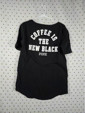 Victorias Secret PINK LARGE Lace Front Tee Shirt COFFEE IS THE NEW BLACK Fido